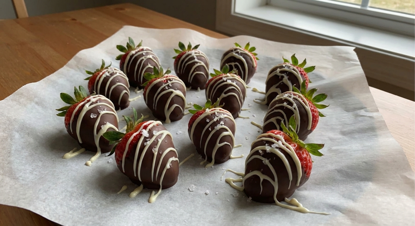 A real photograph of chocolate covered strawberries on parchment paper with a light sprinkle of flaky salt and a white chocolate drizzle