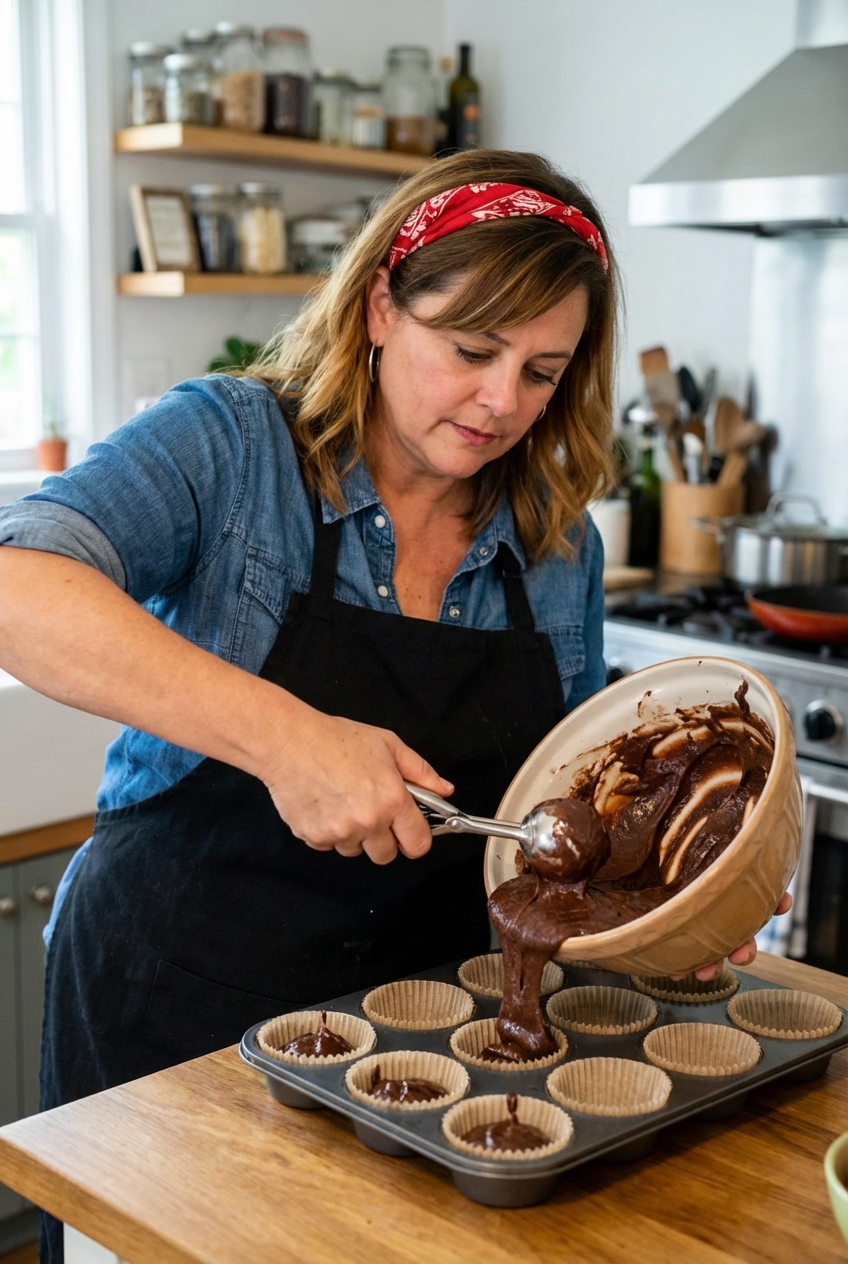 A real photograph of chocolate cupcake batter being scooped into a lined muffin pan with an ice cream scoop