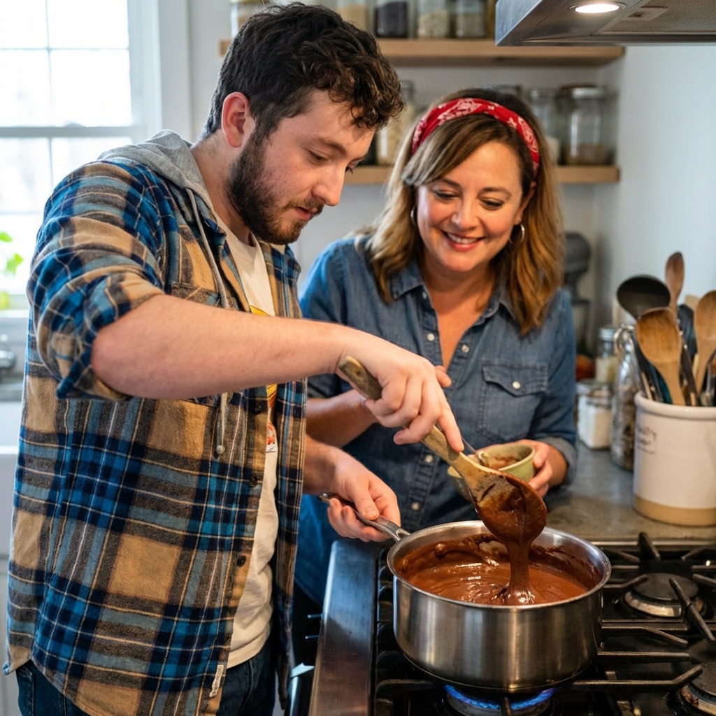 A real photograph of chocolate fudge mixture being stirred in a saucepan on a stovetop with a wooden spoon