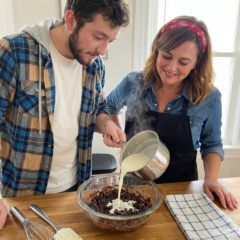 A real photograph of chopped dark chocolate in a heatproof bowl with hot cream being poured over it