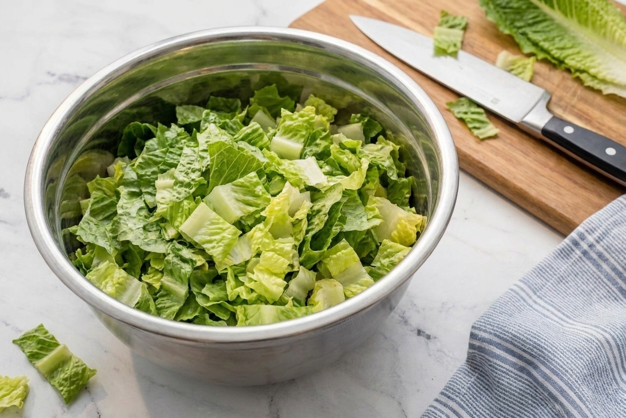 A real photograph of chopped romaine lettuce piled in a large stainless steel mixing bowl on a bright kitchen counter, with a chef’s knife and cutting board nearby