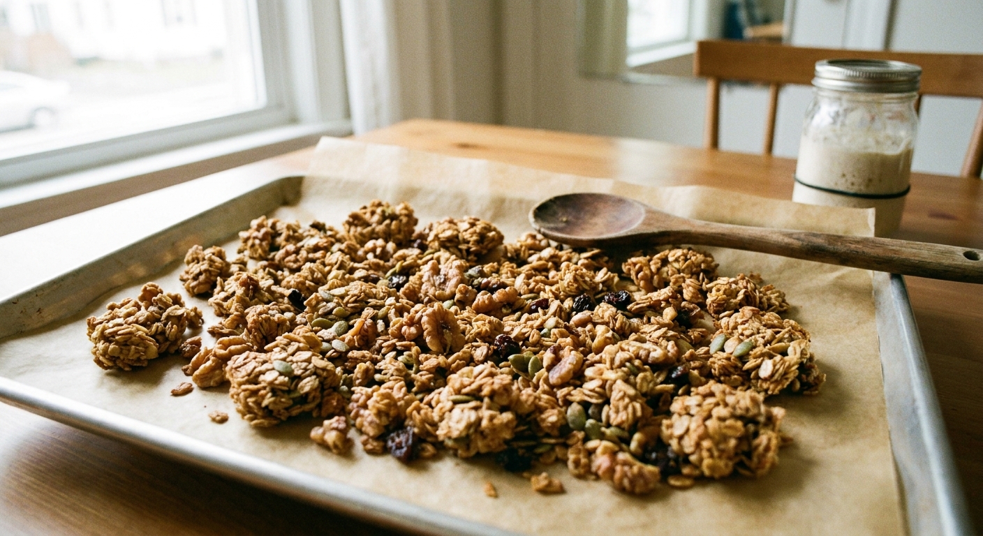 A real photograph of chunky sourdough discard granola clusters cooling on a parchment-lined sheet pan with a wooden spoon nearby in a bright home kitchen