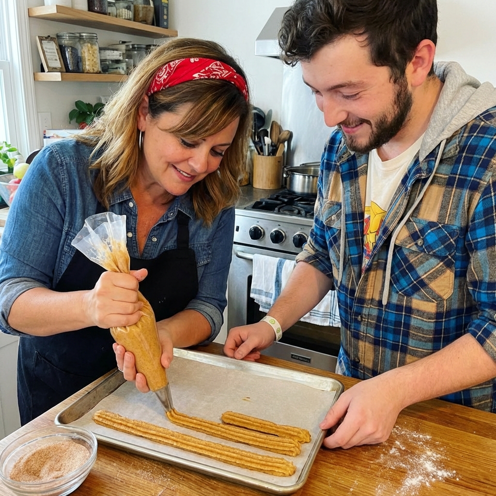 A real photograph of churro dough being piped in thick ridged lines onto a parchment-lined baking sheet