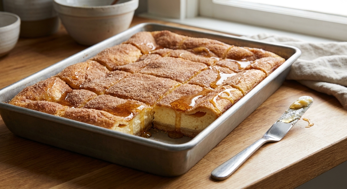 A real photograph of cinnamon-sugar sopapilla cheesecake bars cut into clean squares in a metal baking pan, with a glossy honey drizzle and a small offset spatula nearby on a kitchen counter