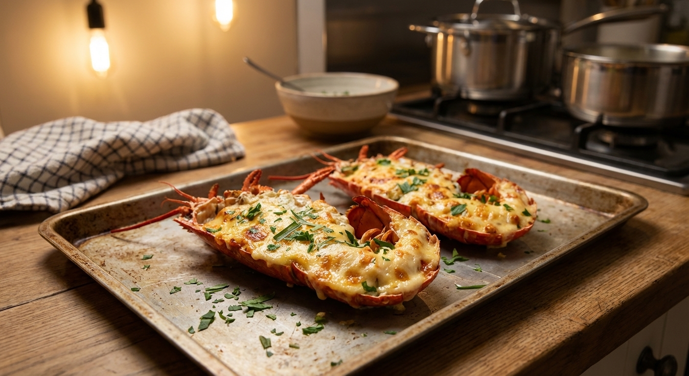 A real photograph of classic lobster thermidor in split lobster shells on a baking tray, topped with golden bubbling Gruyère and herbs, warm kitchen lighting