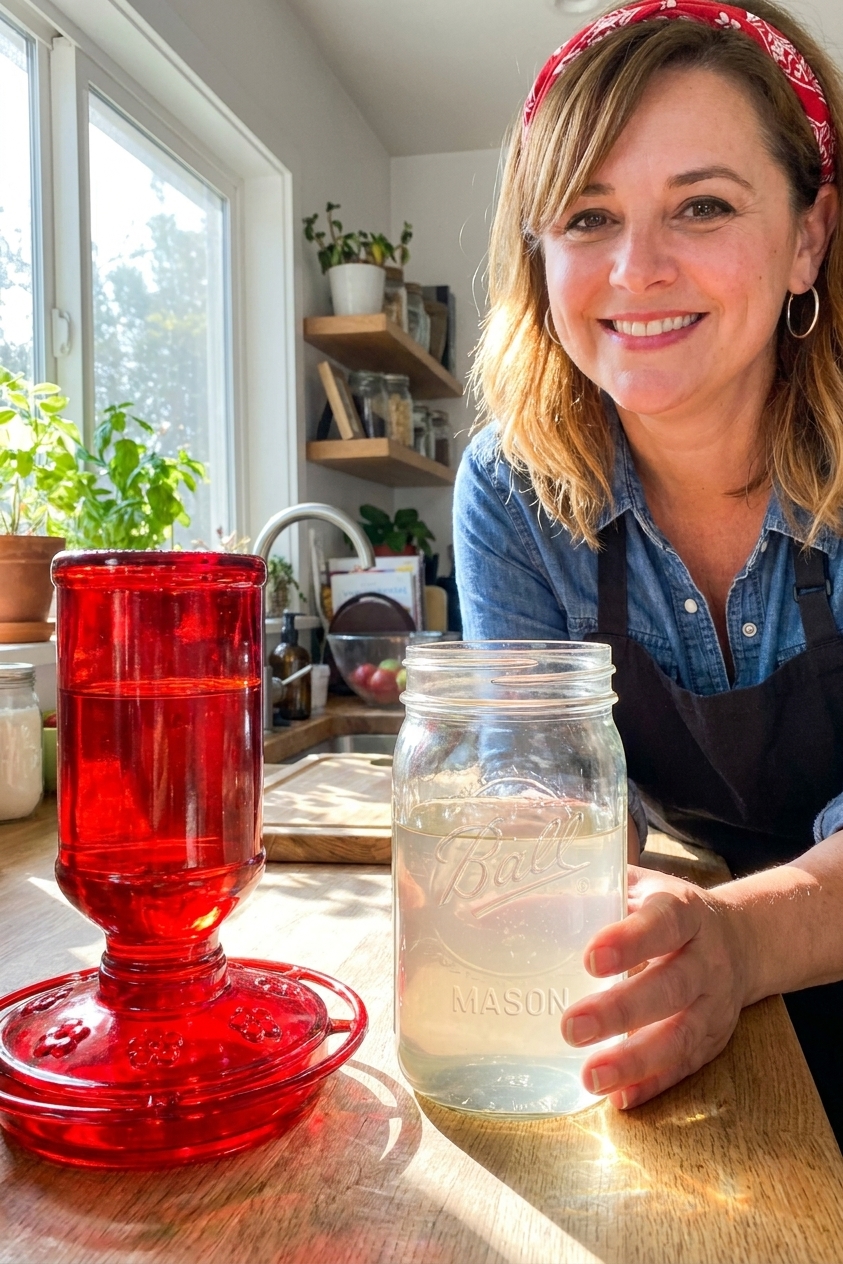 A real photograph of clear homemade hummingbird nectar in a glass jar on a sunny kitchen counter next to a red hummingbird feeder, natural light