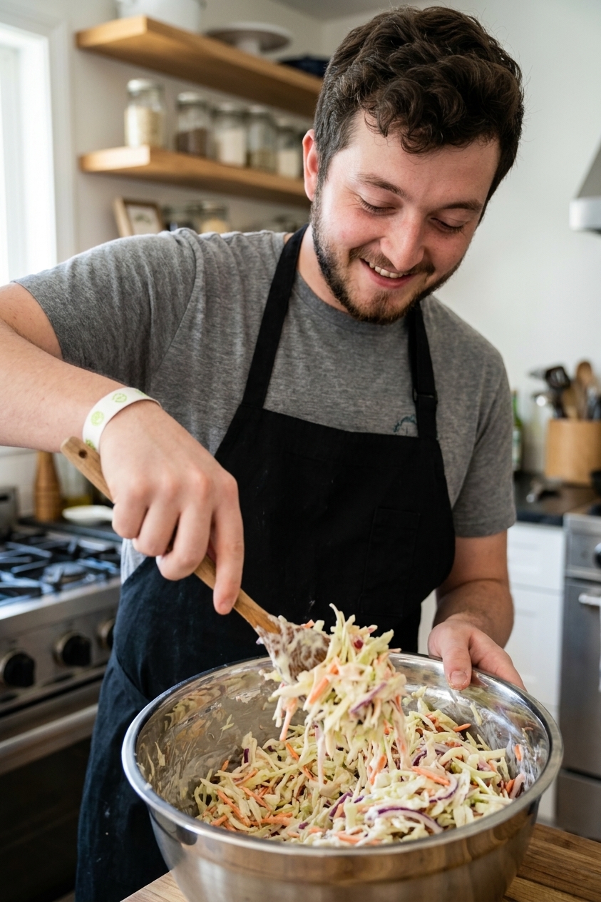 A real photograph of coleslaw being tossed with a wooden spoon in a stainless steel mixing bowl, creamy dressing coating shredded cabbage