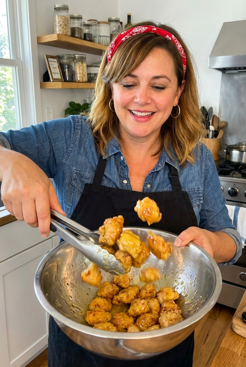A real photograph of cooked air fryer chicken bites being tossed in a bowl with a glossy lemon Dijon glaze using tongs