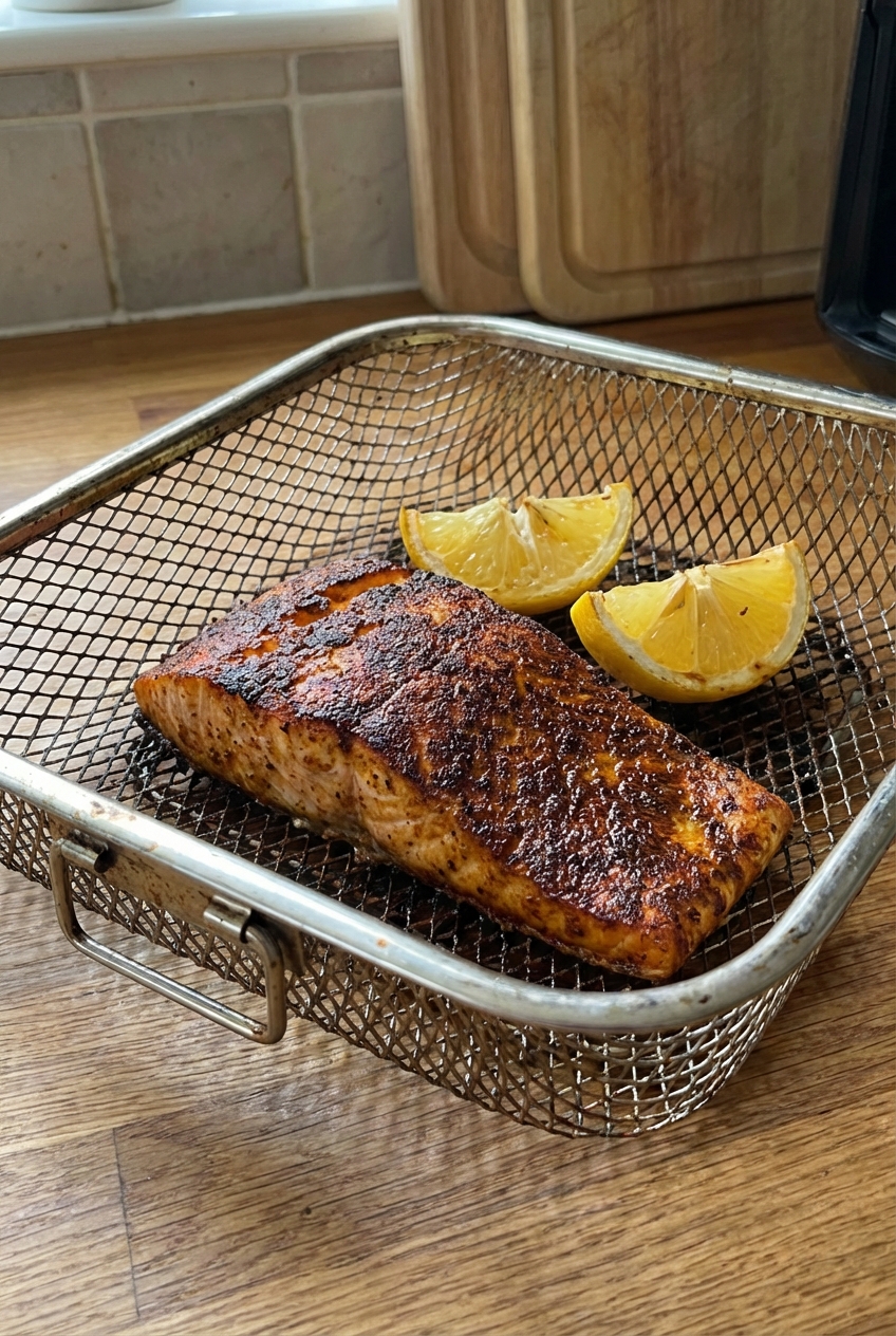 A real photograph of cooked air fryer salmon in the basket with browned spice crust and lemon wedges nearby