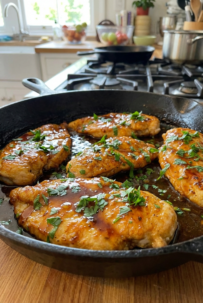 A real photograph of cooked chicken cutlets resting in a skillet coated with a glossy tangy sweet sauce with chopped parsley scattered on top
