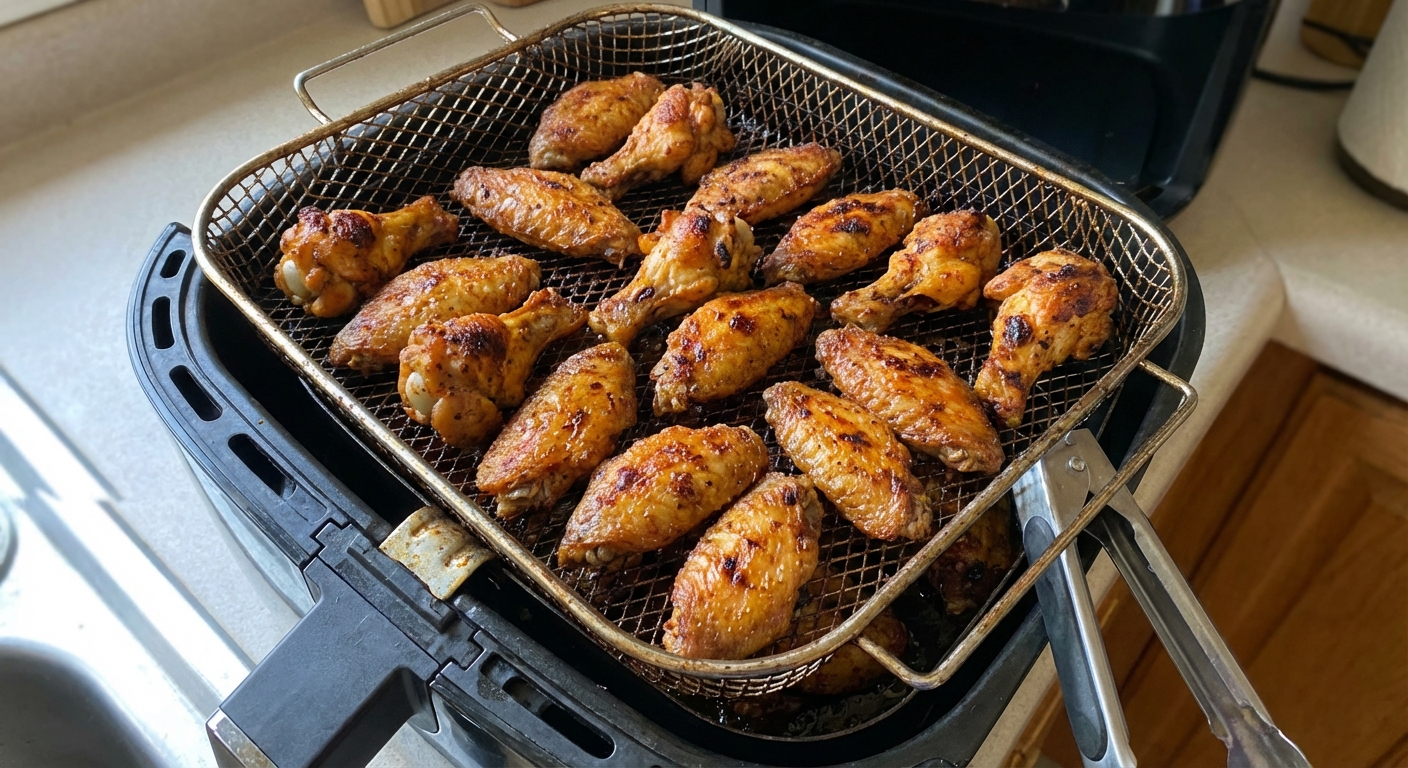 A real photograph of cooked chicken wings arranged in a single layer inside an air fryer basket