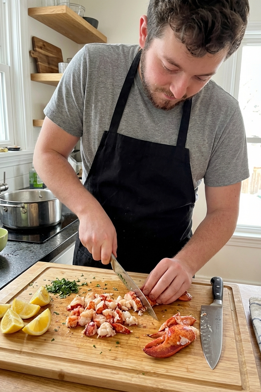 A real photograph of cooked lobster meat chopped into bite-sized pieces on a wooden cutting board with a chef's knife and lemon wedges nearby