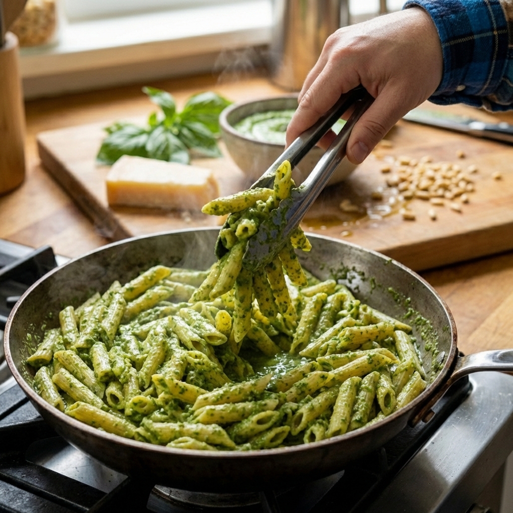 A real photograph of cooked pasta tossed in creamy pesto in a wide skillet with a pair of tongs lifting a portion