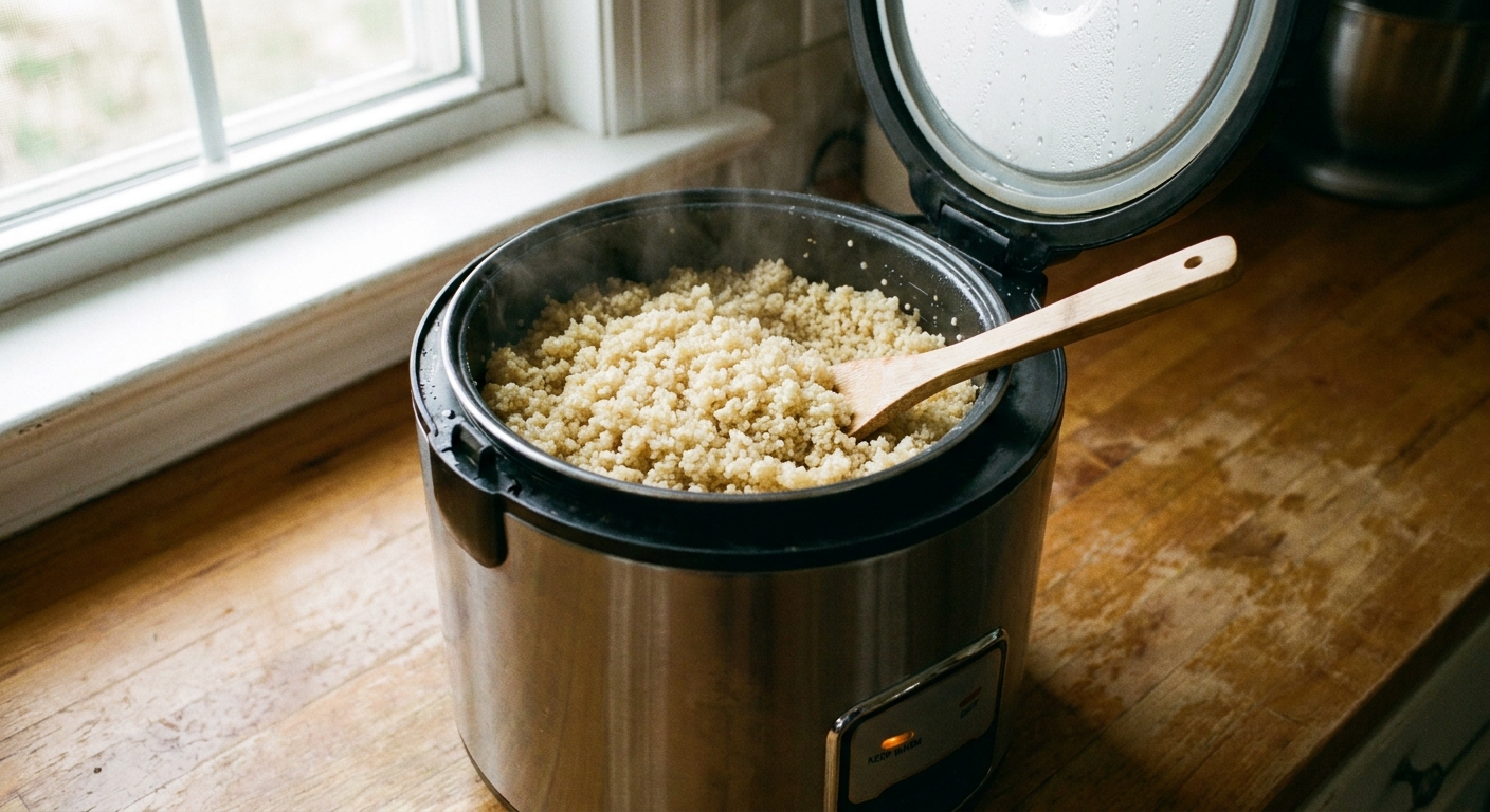 A real photograph of cooked quinoa in an open rice cooker with distinct fluffy grains and a serving spoon resting inside
