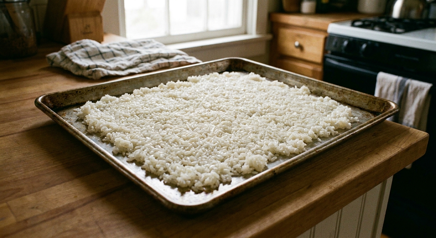A real photograph of cooked white rice spread in an even layer on a sheet pan on a kitchen counter, ready to dry out before frying