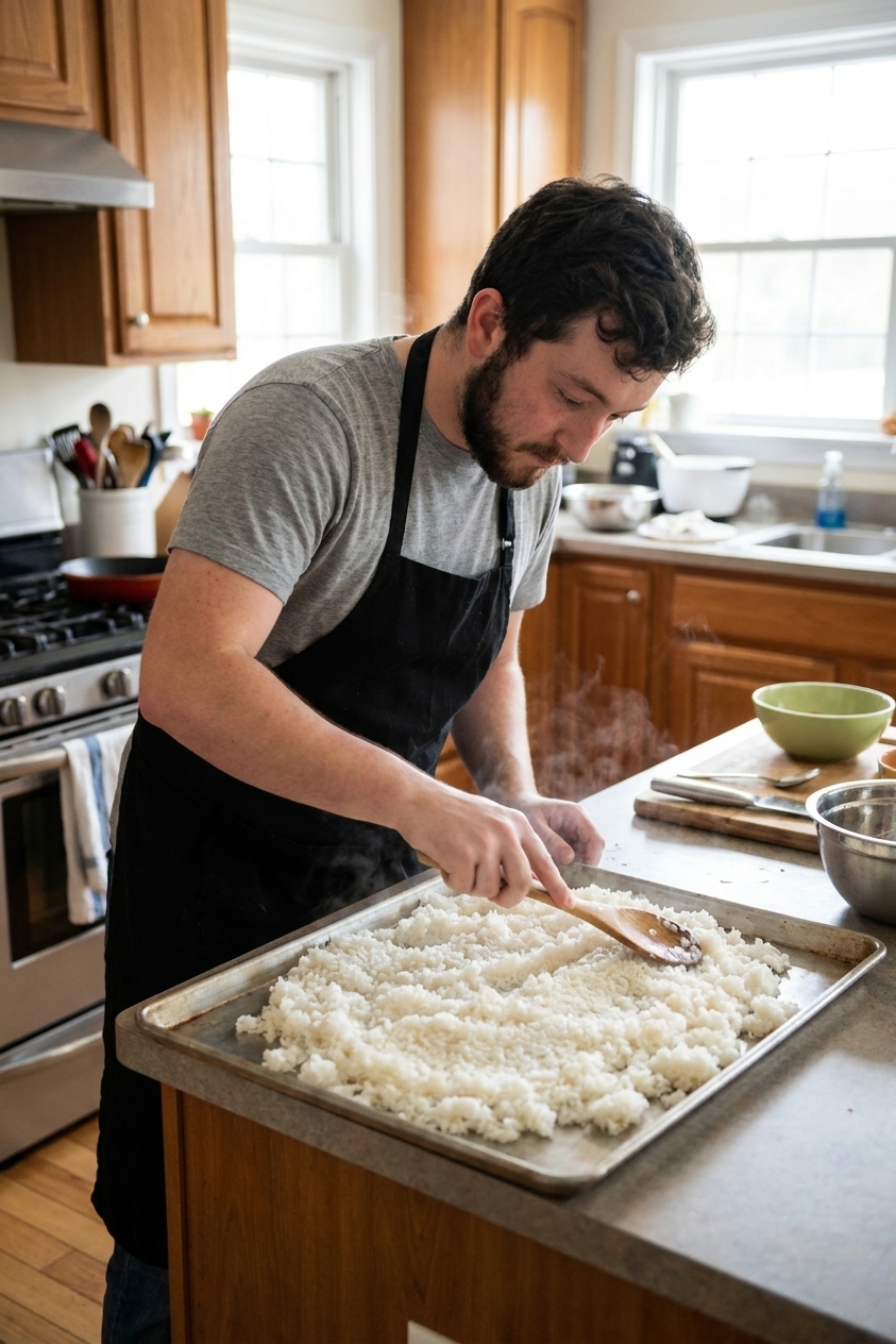A real photograph of cooked white rice spread out on a sheet pan to cool in a home kitchen, ready for fried rice