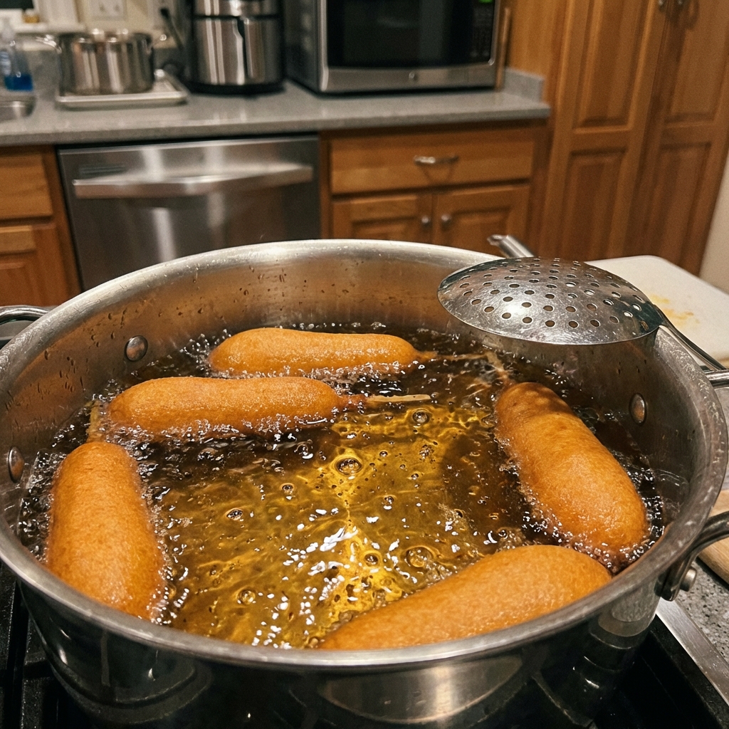 A real photograph of corn dogs frying in a pot of oil with a slotted spoon nearby, showing bubbling oil and golden batter
