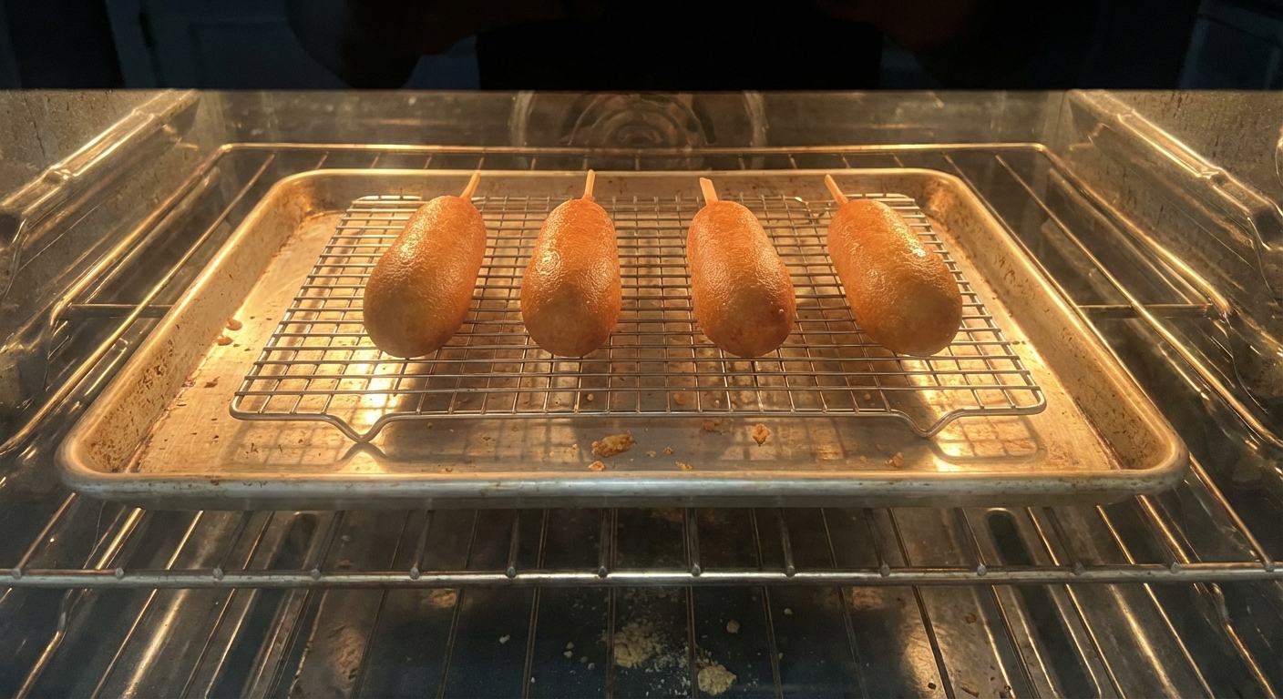 A real photograph of corn dogs reheating on a wire rack set over a baking sheet in an oven