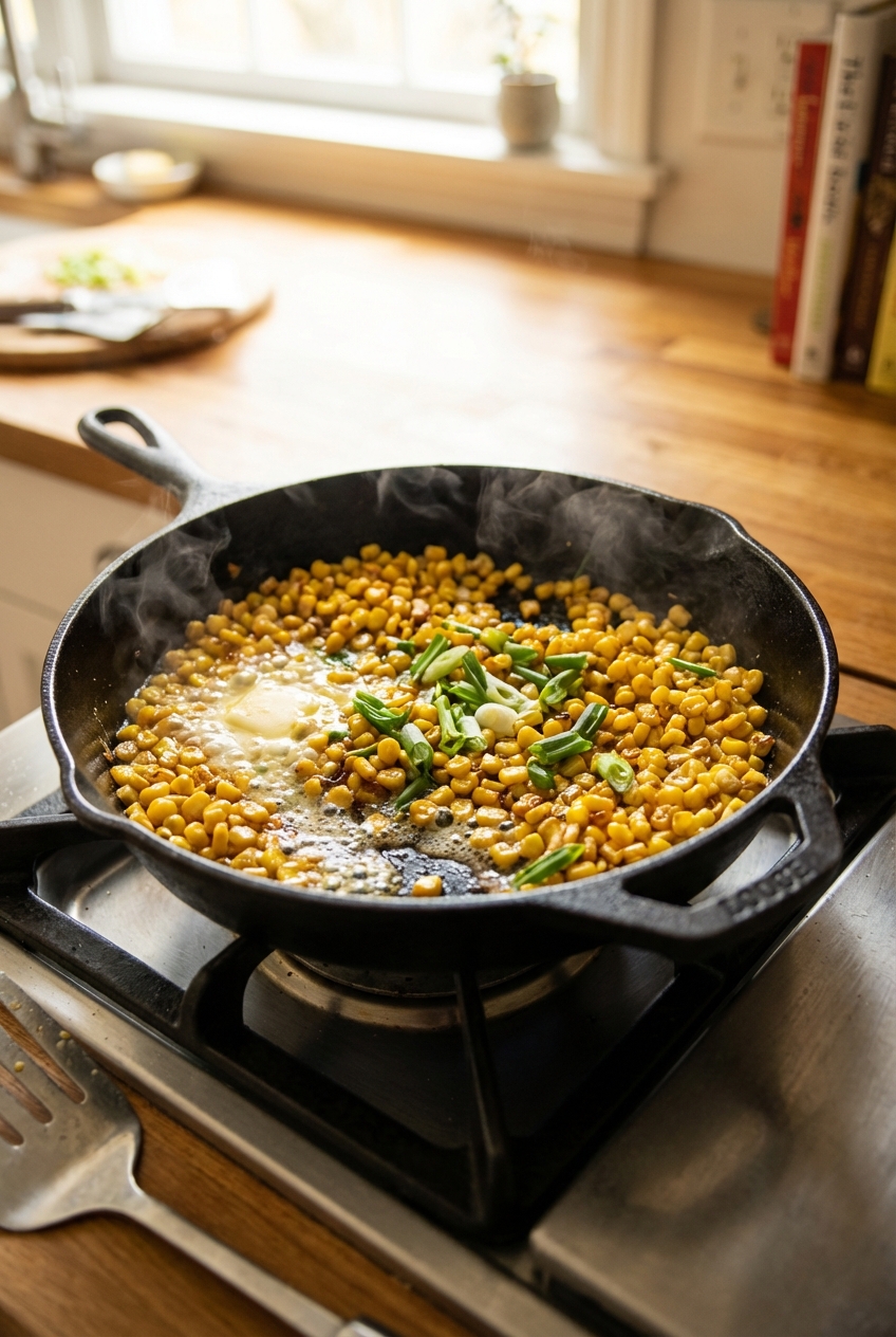 A real photograph of corn kernels searing in a skillet with butter and green onions