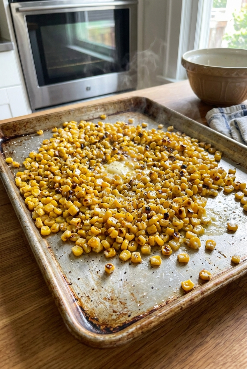 A real photograph of corn kernels spread on a rimmed sheet pan, lightly charred and glossy with butter, just out of the oven