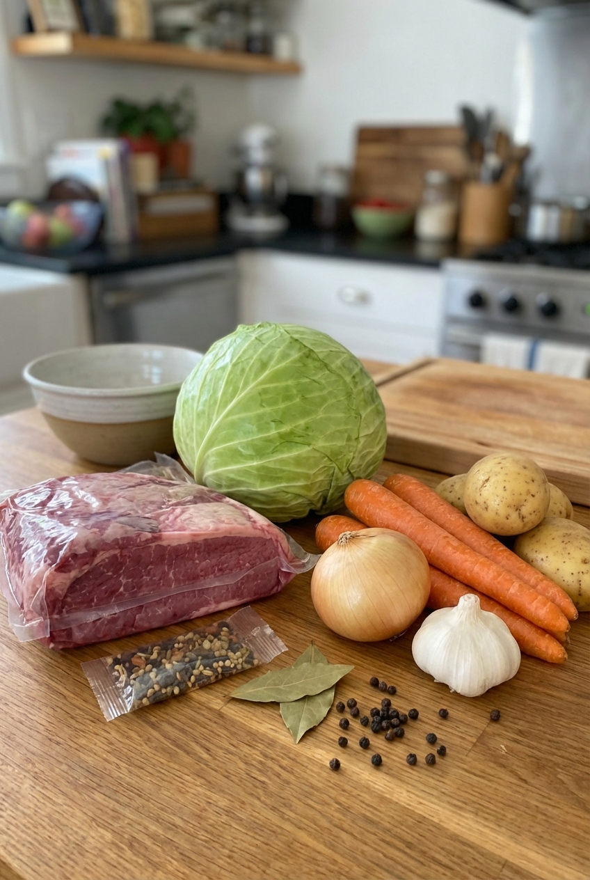 A real photograph of corned beef brisket, cabbage, carrots, potatoes, onion, garlic, and spices arranged on a kitchen counter