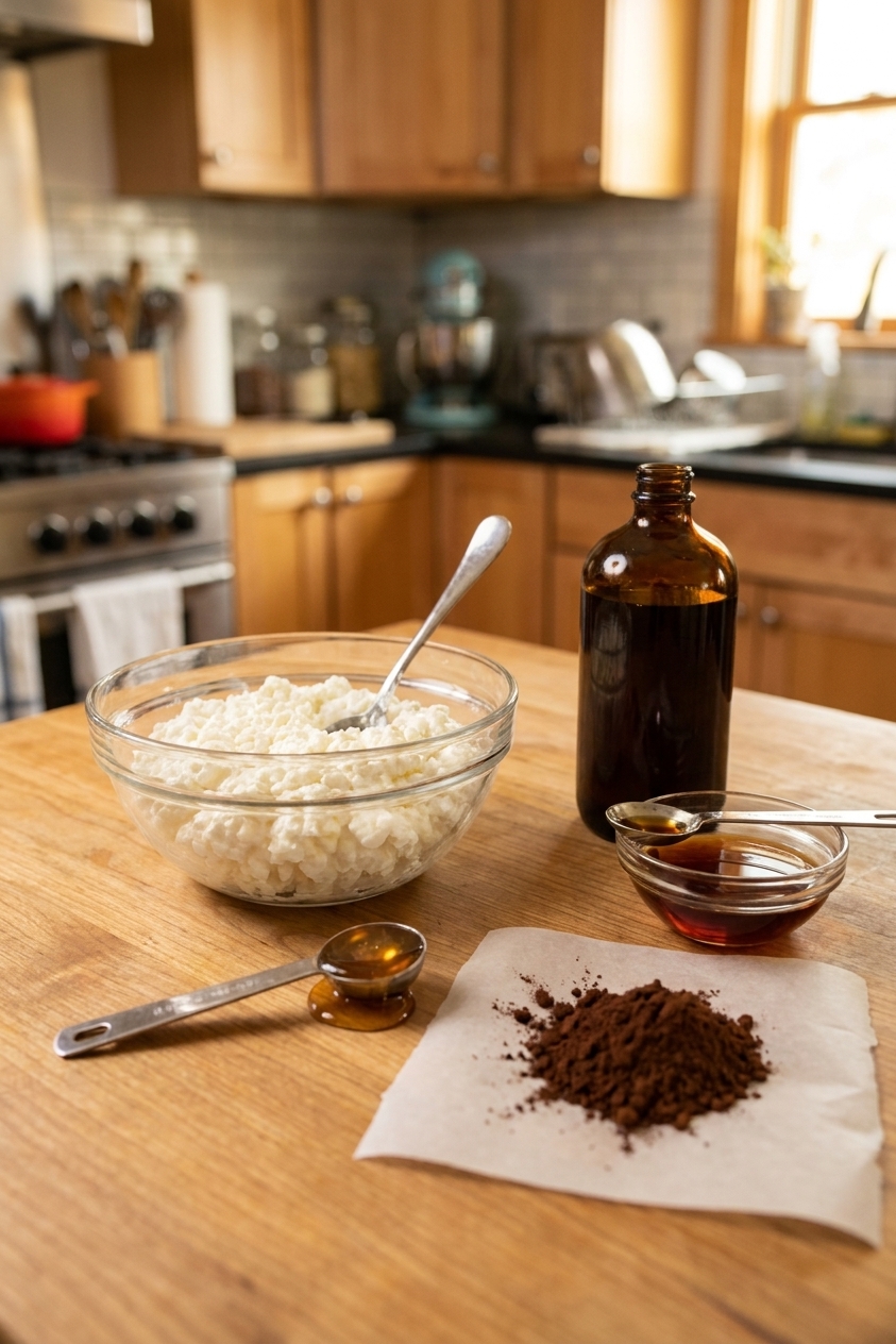A real photograph of cottage cheese, vanilla extract, cocoa powder, and honey measured out on a kitchen counter with a spoon