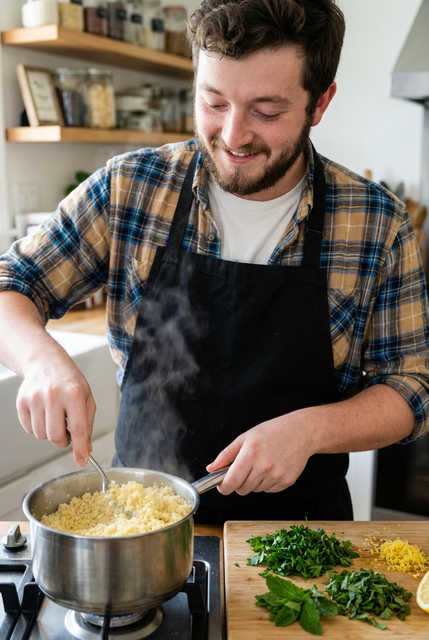 A real photograph of couscous being fluffed with a fork in a saucepan, with herbs and lemon zest nearby on a cutting board