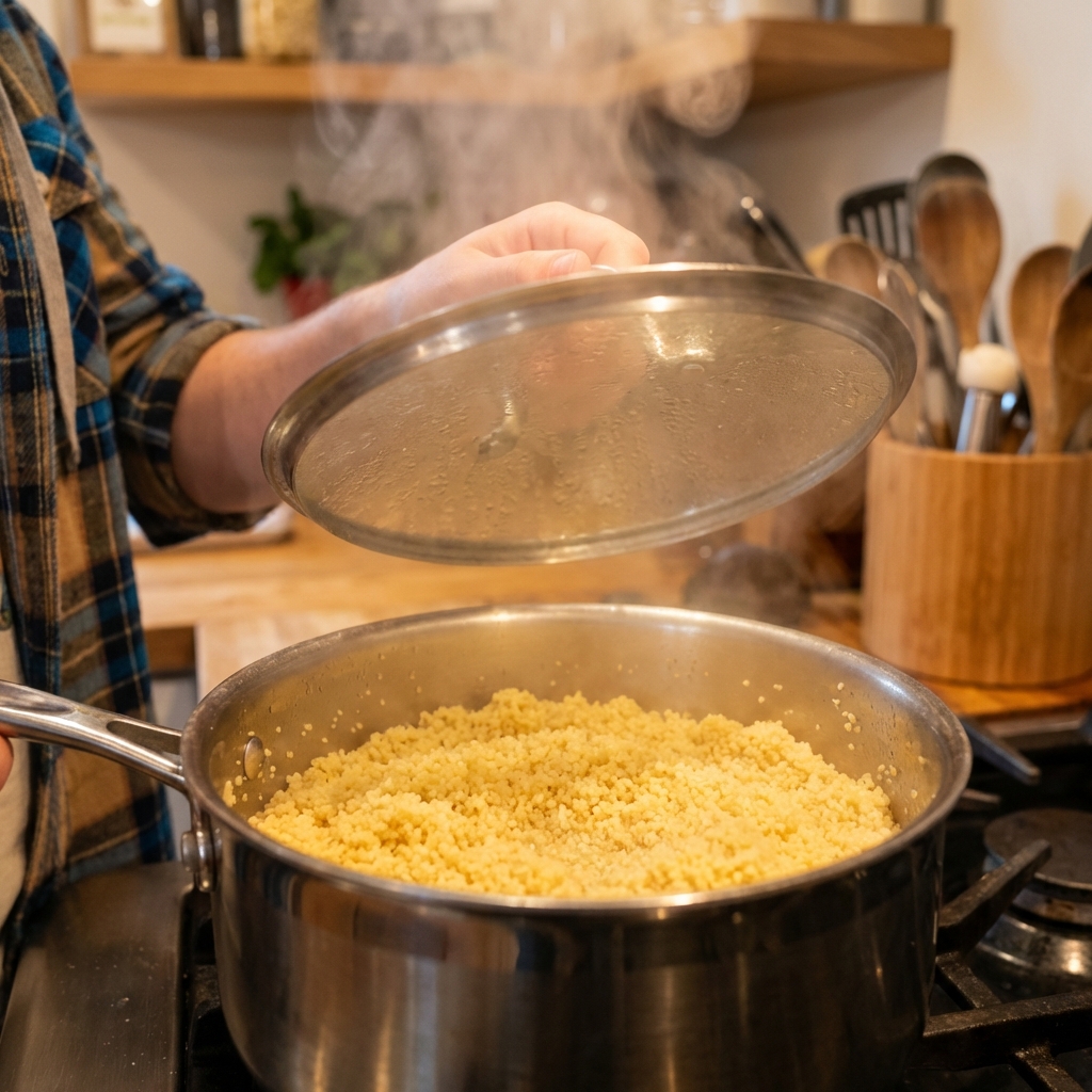A real photograph of couscous steaming in a saucepan with the lid just lifted, showing fluffy grains