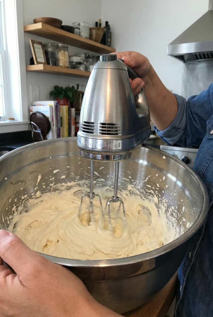 A real photograph of cream cheese frosting being whipped in a stainless steel mixing bowl with a hand mixer