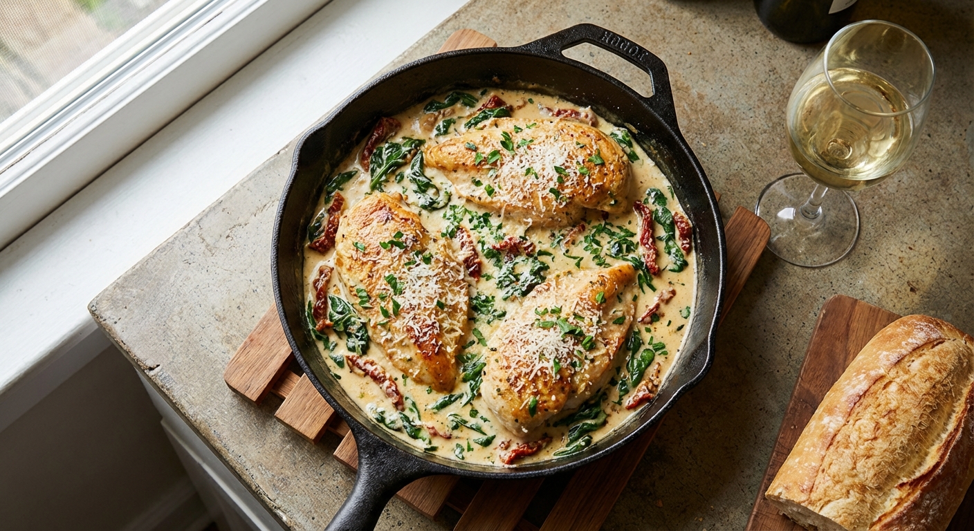 A real photograph of creamy Tuscan chicken in a skillet with spinach and sun-dried tomatoes, finished with grated Parmesan