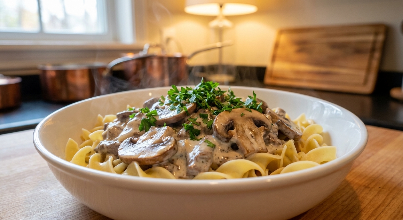 A real photograph of creamy beef stroganoff with sliced mushrooms and a glossy sour cream sauce in a white bowl, served over egg noodles with chopped parsley on top, warm kitchen lighting