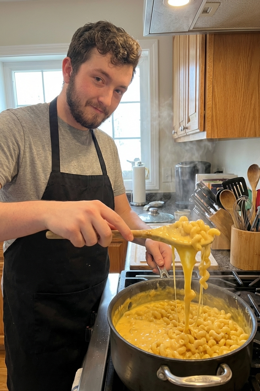 A real photograph of creamy cheese sauce being stirred with pasta in a saucepan, showing thick glossy sauce clinging to cavatappi