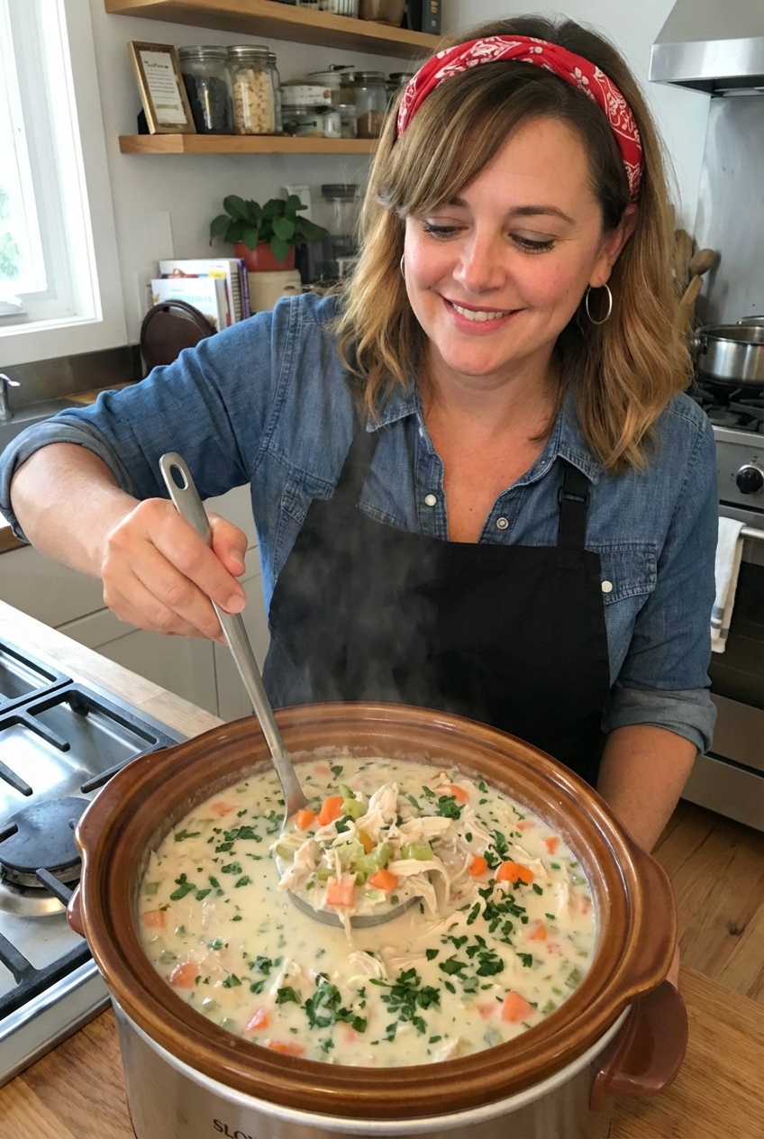 A real photograph of creamy chicken soup being stirred in a slow cooker with a ladle, showing shredded chicken and vegetables
