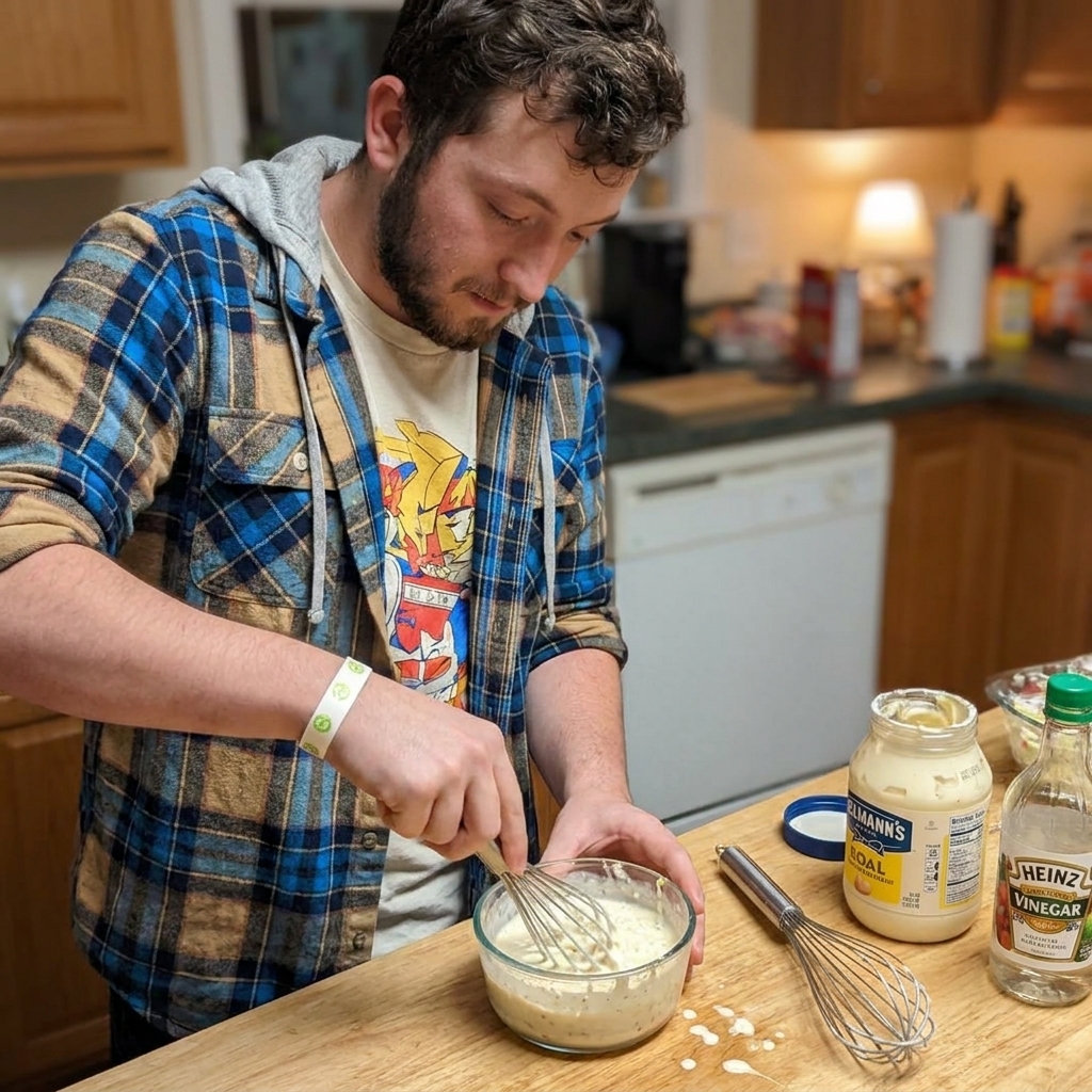 A real photograph of creamy coleslaw dressing being whisked in a small glass bowl on a kitchen counter, with a whisk resting nearby and ingredients like mayonnaise and vinegar in the background