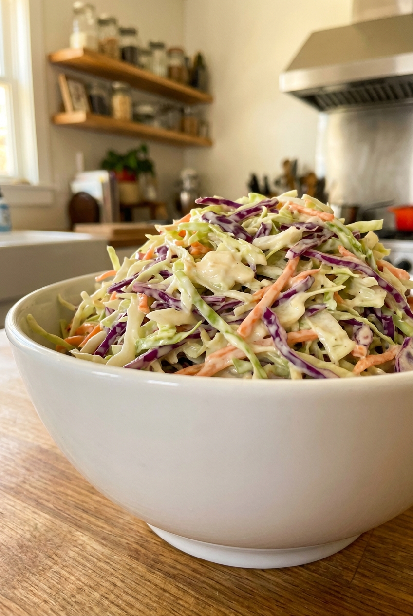 A real photograph of creamy coleslaw in a white bowl