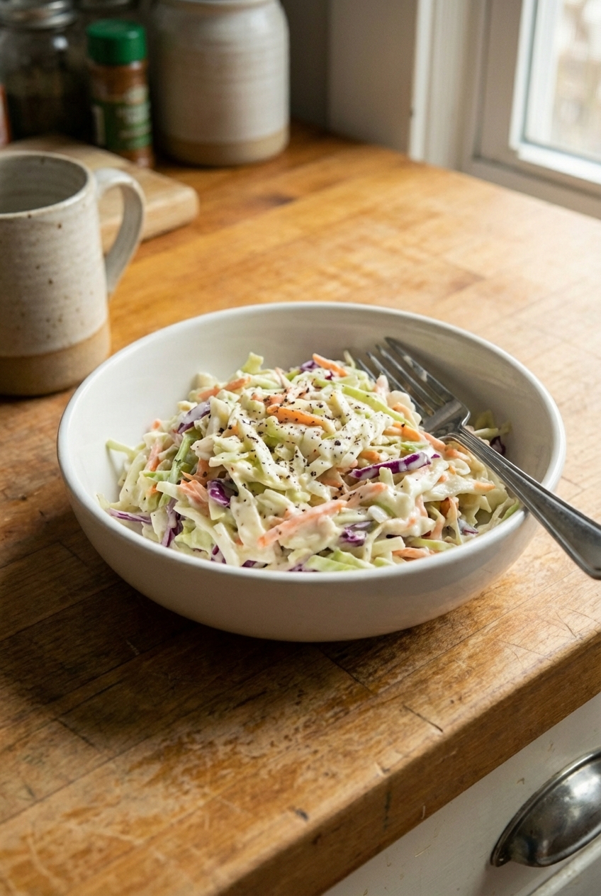 A real photograph of creamy coleslaw in a white bowl with a fork