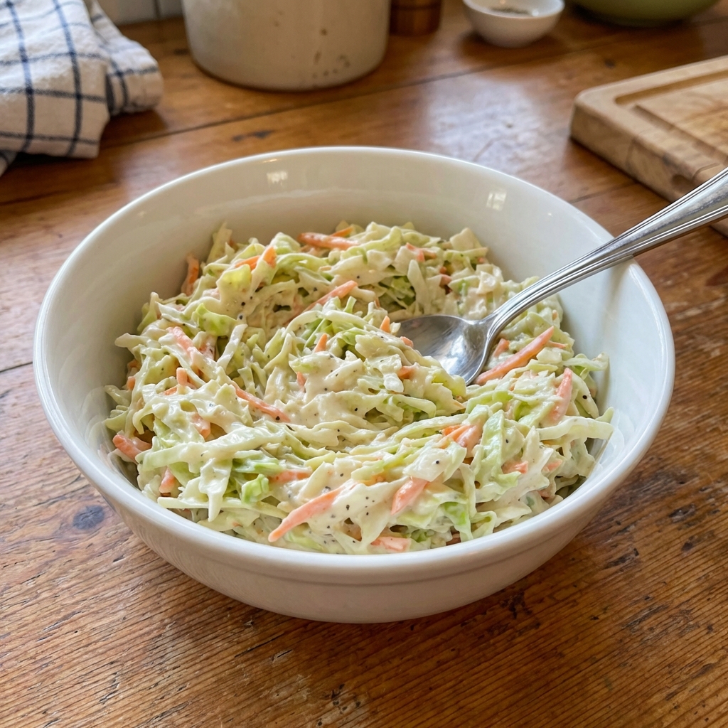 A real photograph of creamy coleslaw in a white bowl with a spoon