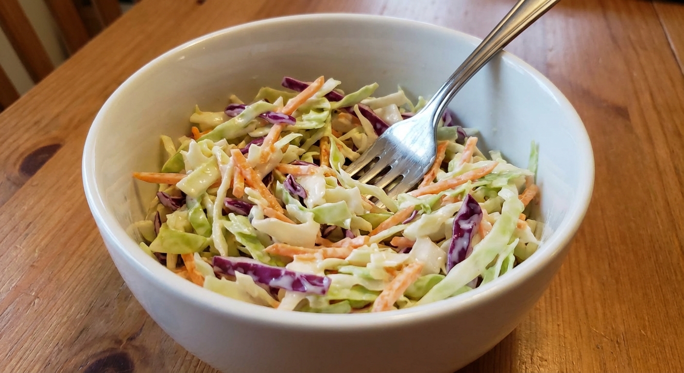 A real photograph of creamy coleslaw in a white bowl with shredded cabbage and carrots