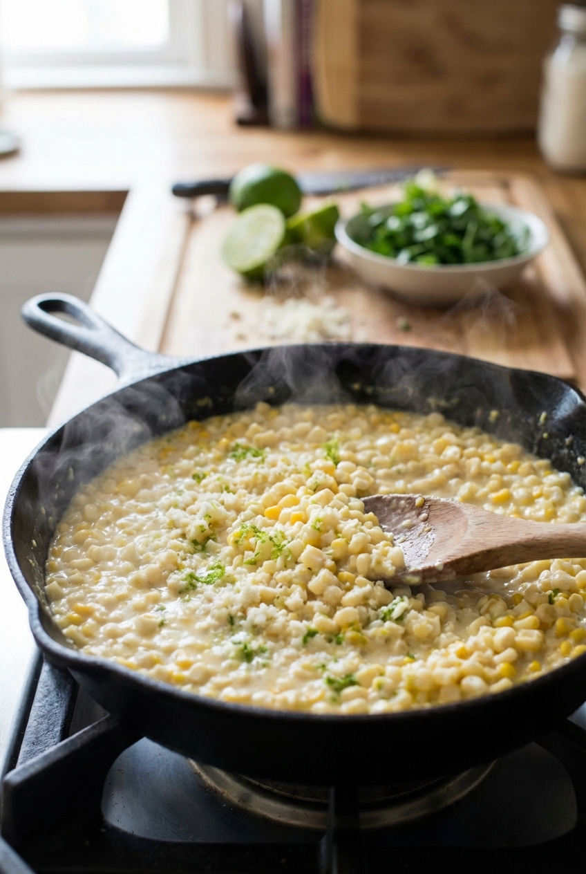 A real photograph of creamy corn being stirred in a skillet with visible lime zest and steam rising