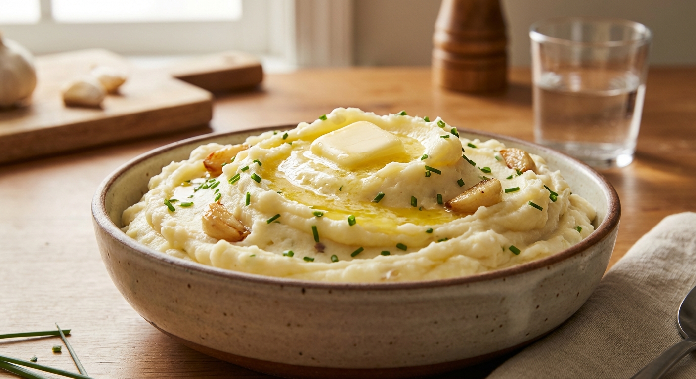 A real photograph of creamy garlic mashed potatoes in a bowl with a pat of butter melting on top