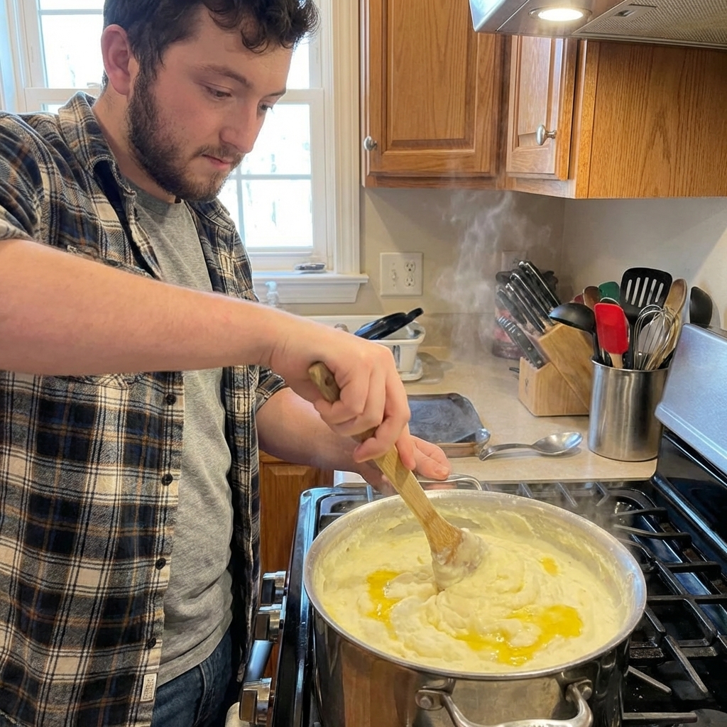 A real photograph of creamy mashed potatoes being stirred in a pot with melted butter and a wooden spoon on a home stove