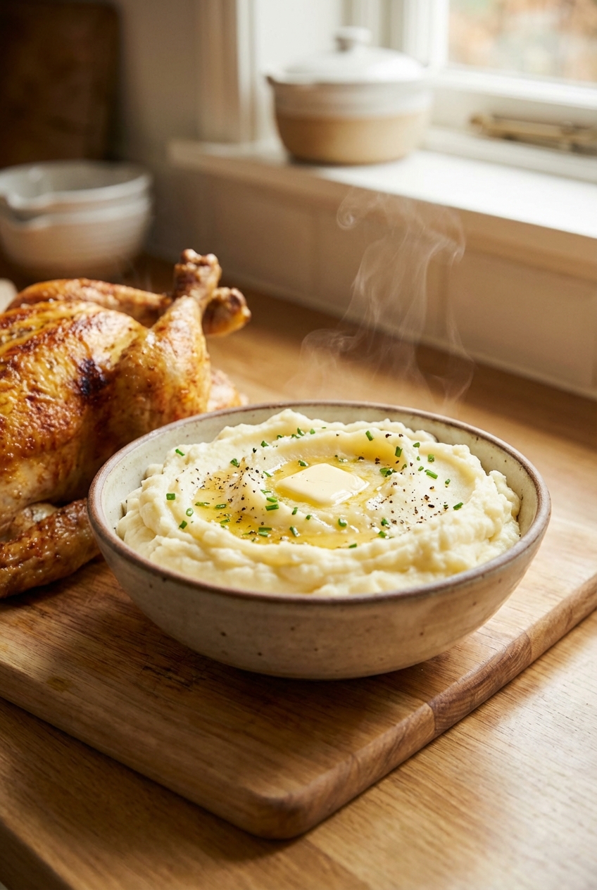 A real photograph of creamy mashed potatoes in a bowl with a small pat of butter melting on top