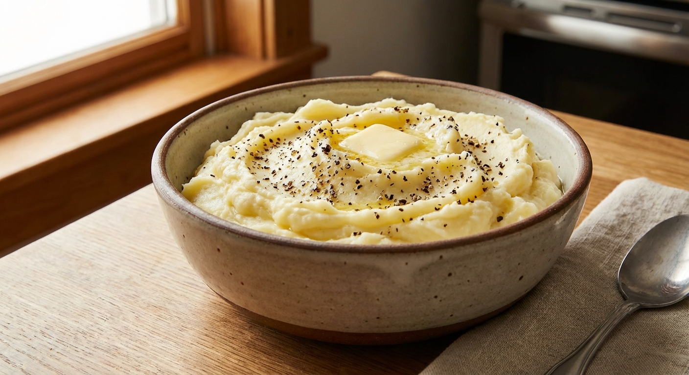 A real photograph of creamy mashed potatoes in a bowl with cracked black pepper on top