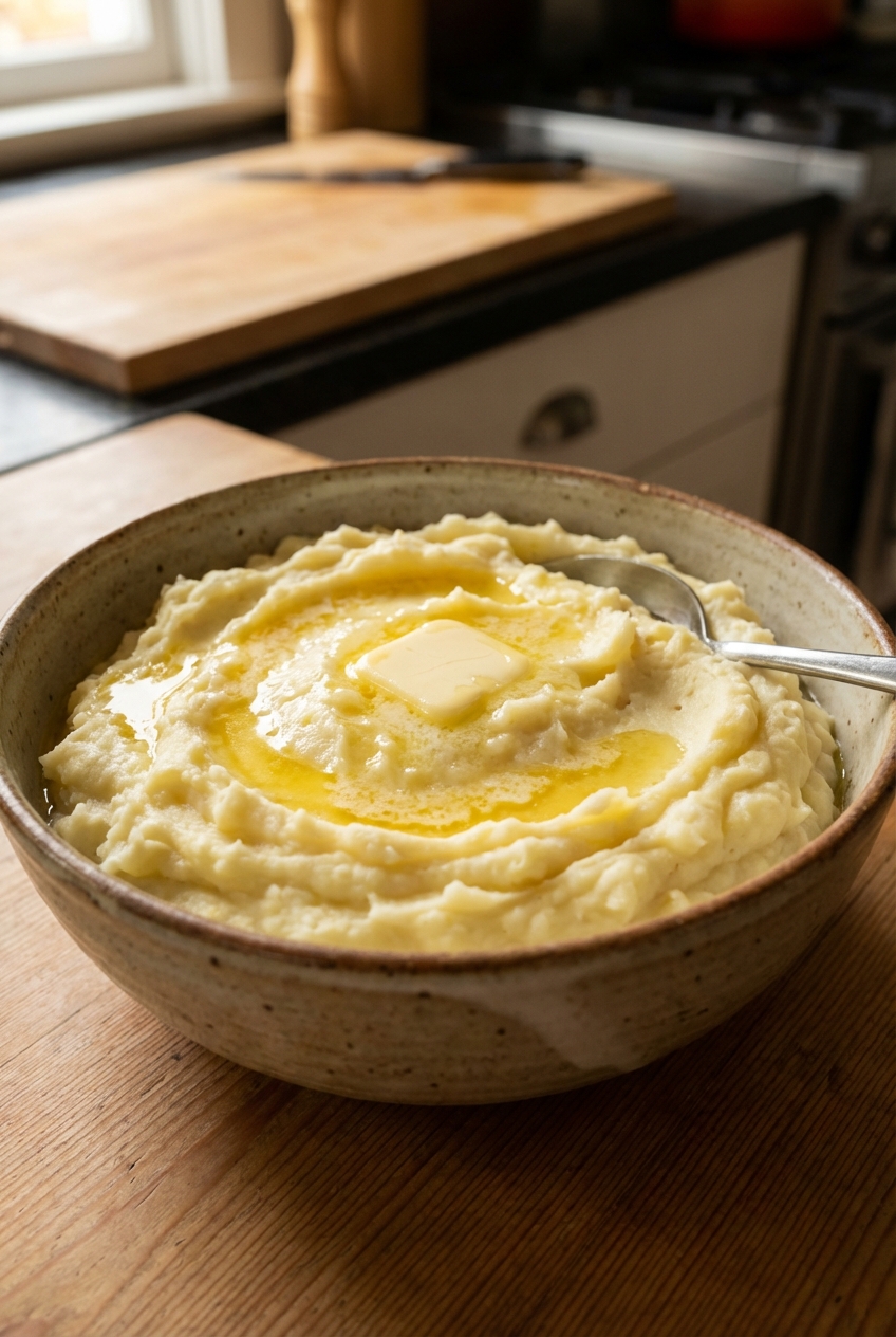 A real photograph of creamy mashed potatoes in a bowl with a pat of butter melting on top