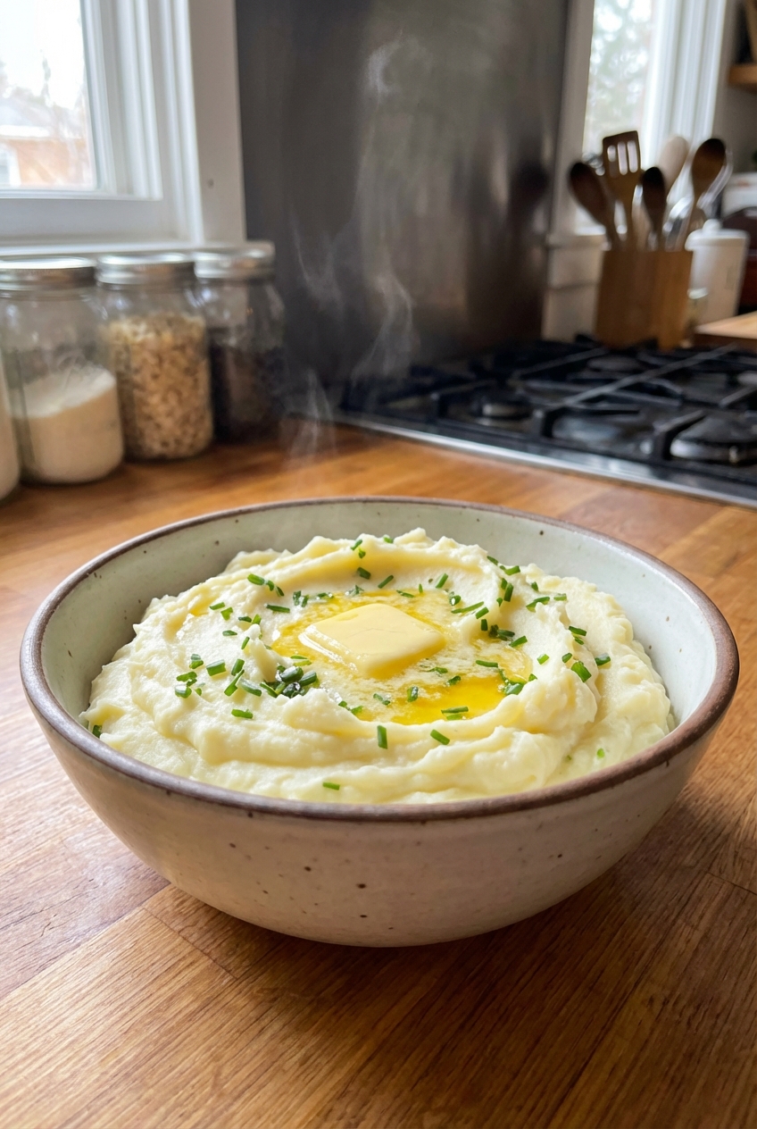 A real photograph of creamy mashed potatoes in a bowl with a pat of melting butter on top