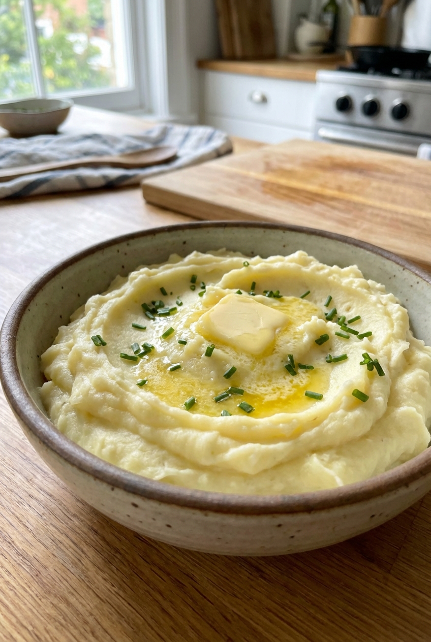 A real photograph of creamy mashed potatoes in a bowl with a pat of butter melting on top