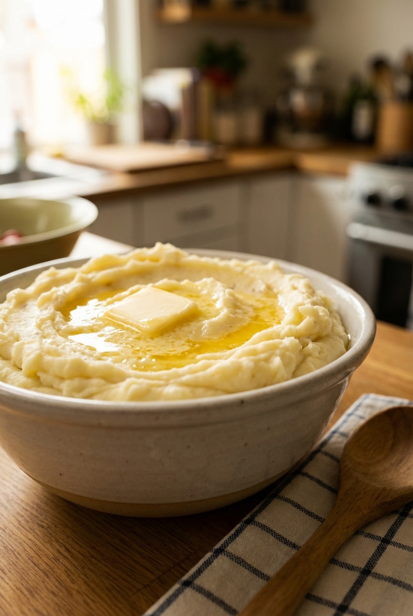 A real photograph of creamy mashed potatoes in a serving bowl with butter melting on top