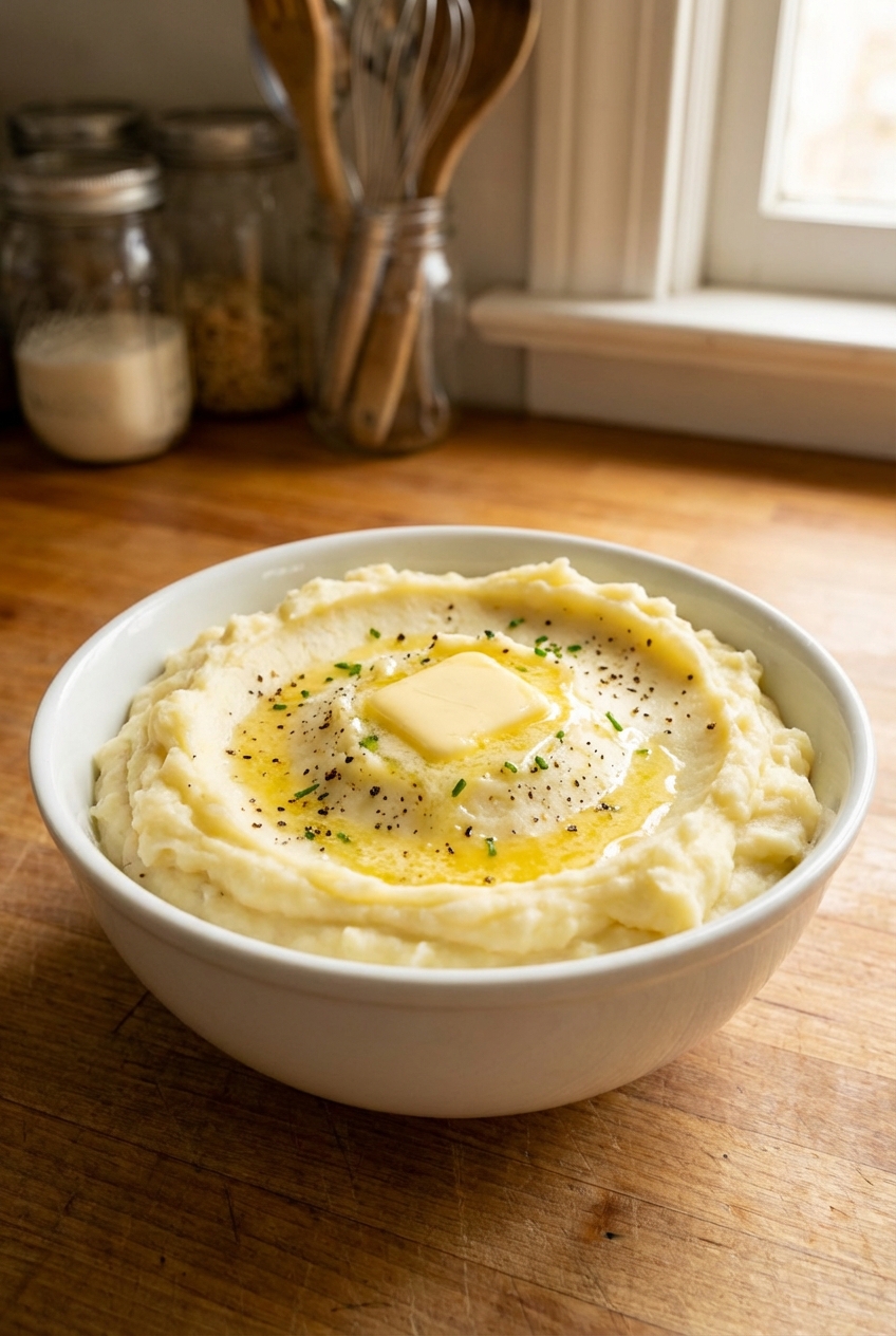 A real photograph of creamy mashed potatoes in a white bowl with a pat of butter melting on top