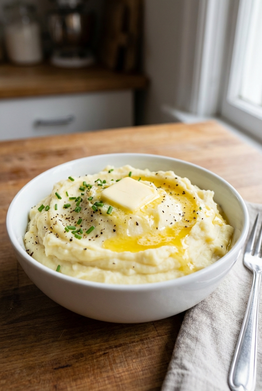 A real photograph of creamy mashed potatoes in a white bowl with butter melting on top