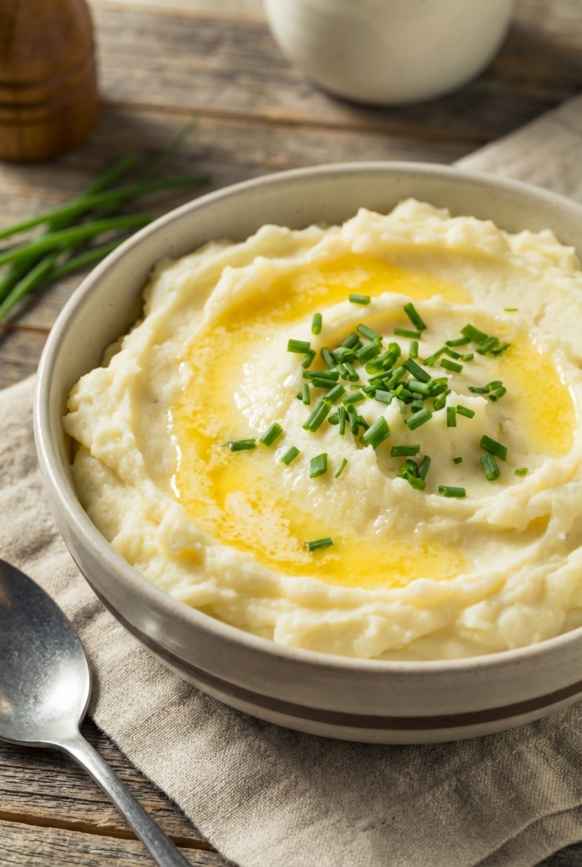 A real photograph of creamy mashed potatoes topped with melted butter and chopped chives